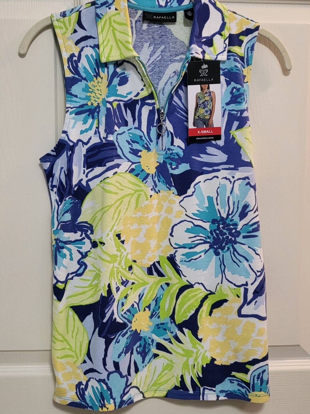 NWT Rafaella Sleeveless Zip-Polo with Blue, Yellow & Lime Floral Print XS